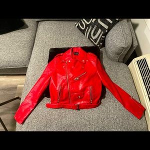 Red motorcycle crop leather jacket